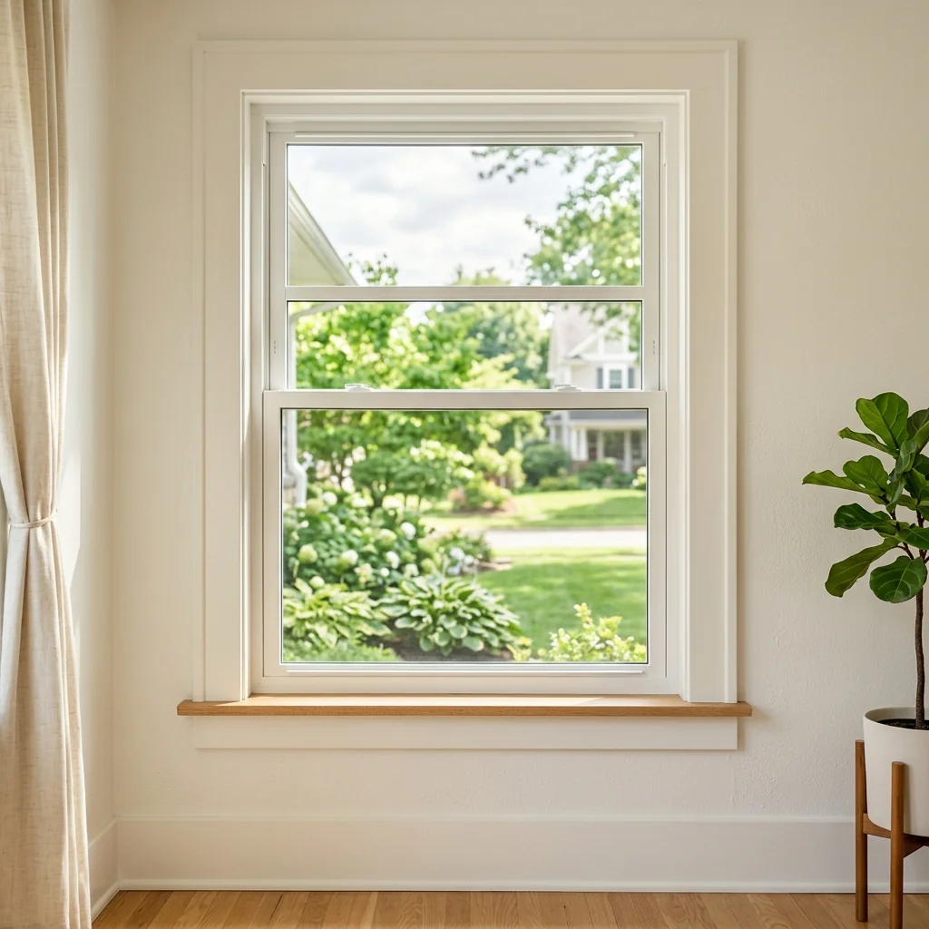 Modern premium replacement window showing a clean double-hung setup in a craftsman room