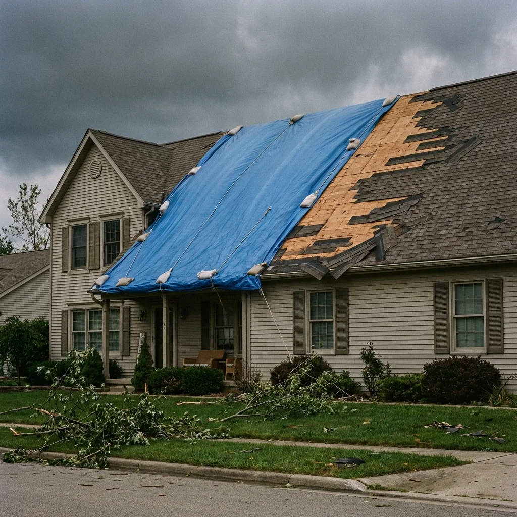 Home with storm damage and tarp in Birmingham